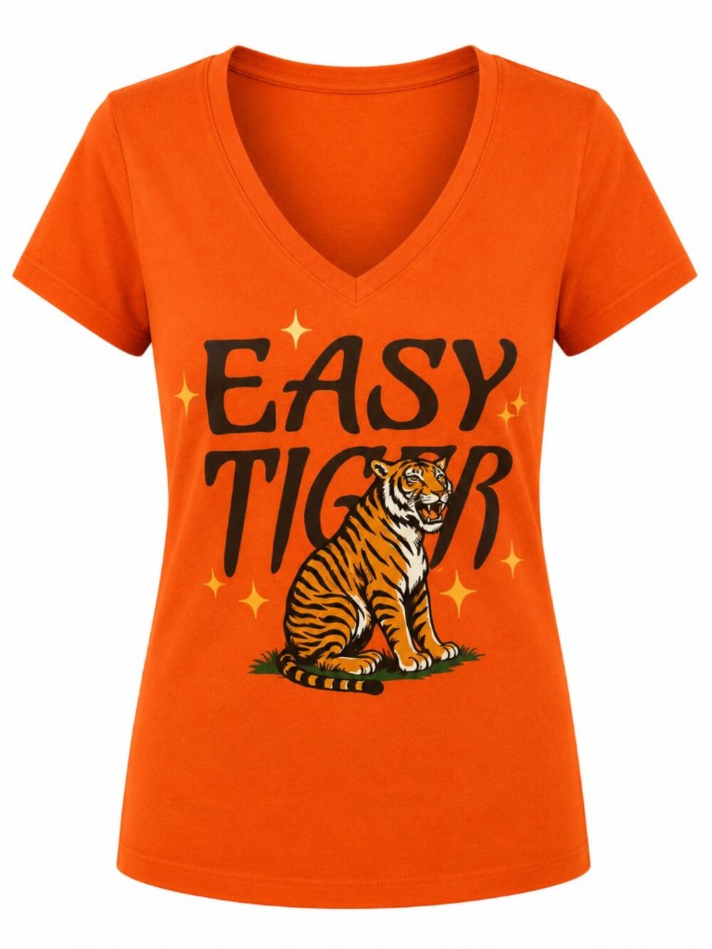 Women's Easy Tiger Graphic V-Neck T-Shirt | Funny Tiger Quote Tee Orange S-XL